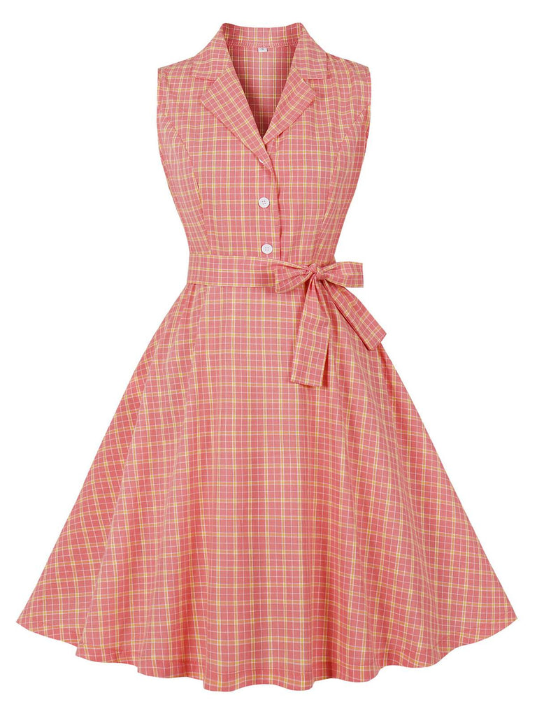 Pink 1950s Plaid Buttoned Lapel Belted Dress Pink 1950s Plaid Buttoned Lapel Belted Dress