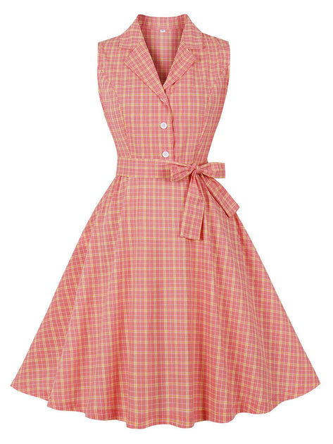 pink 50s dress Vintage Hot Spaghetti Straps Short Style Prom 100 % Polyester Stretch Vintage Pink Plaid Short Sleeves