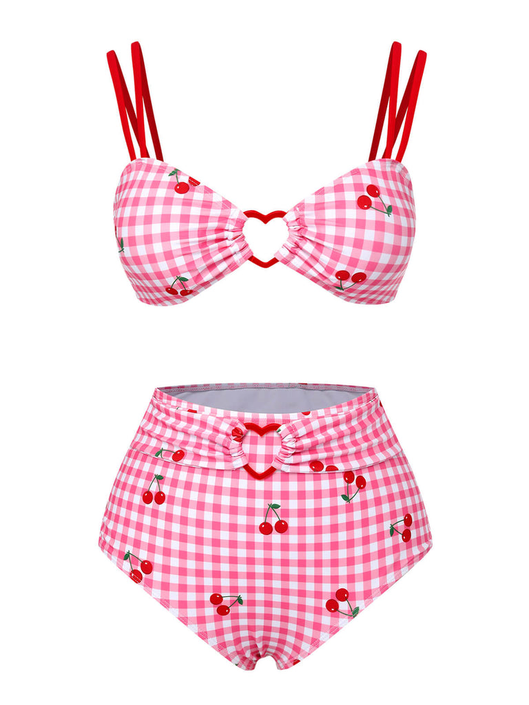 Pink 1950s Plaid & Cherry Strap Swimsuit, vintage swimsuit, pin-up swimwear - perfect for women who love vintage and retro fashion
