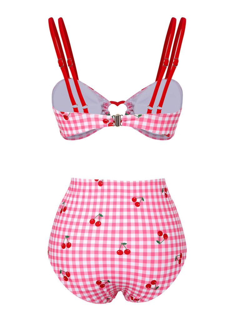 Pink 1950s Plaid & Cherry Strap Swimsuit, vintage swimsuit, pin-up swimwear - perfect for women who love vintage and retro fashion