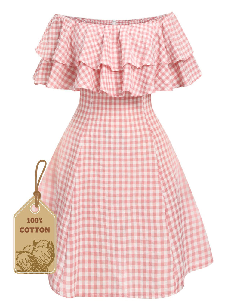 pink plaid dress Pink 1950s Plaid Cotton Off-Shoulder Dress
