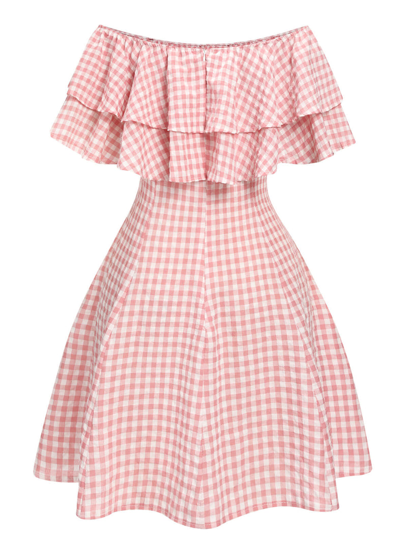 cotton off shoulder dress Pink Gingham Off-Shoulder Summer Dress
