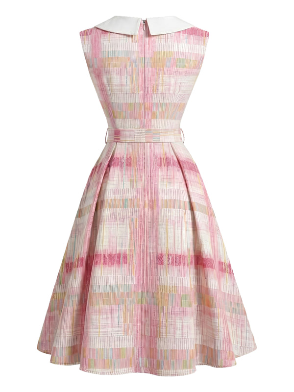 50s Dress Vintage Plaid Peter Pan Collar Sleeveless Belted Midi Dress Pink