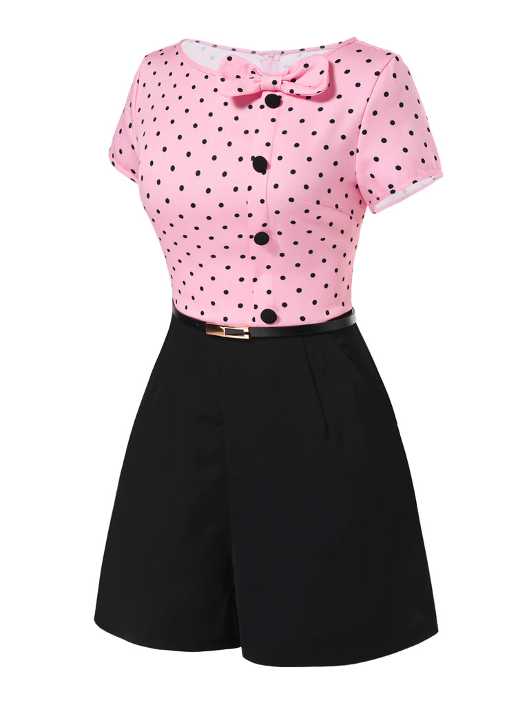 Pink 1950s Polka Dot Bow Romper — 1950s style that transcends decades