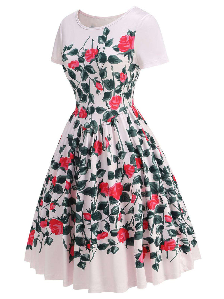 Pink 1950s Rose & Green Leaf Swing Dress | vintage dress, retro fashion, elegant style - perfect for retro fashion enthusiasts