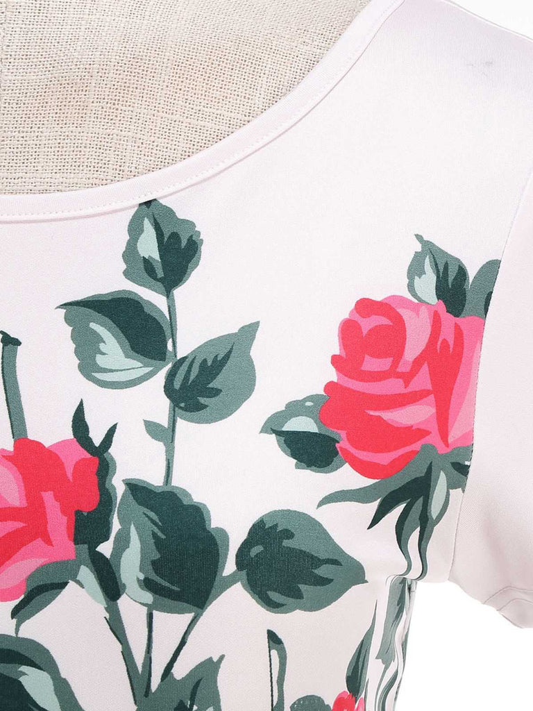 Pink 1950s Rose & Green Leaf Swing Dress | vintage dress, retro fashion, elegant style - perfect for retro fashion enthusiasts