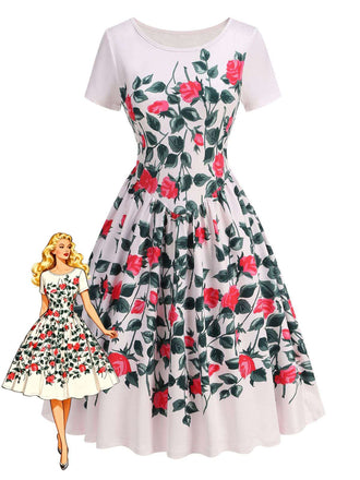 She slips into this Pink 1950s Rose & Green Leaf Swing Dress and suddenly it's a 1950s daydream