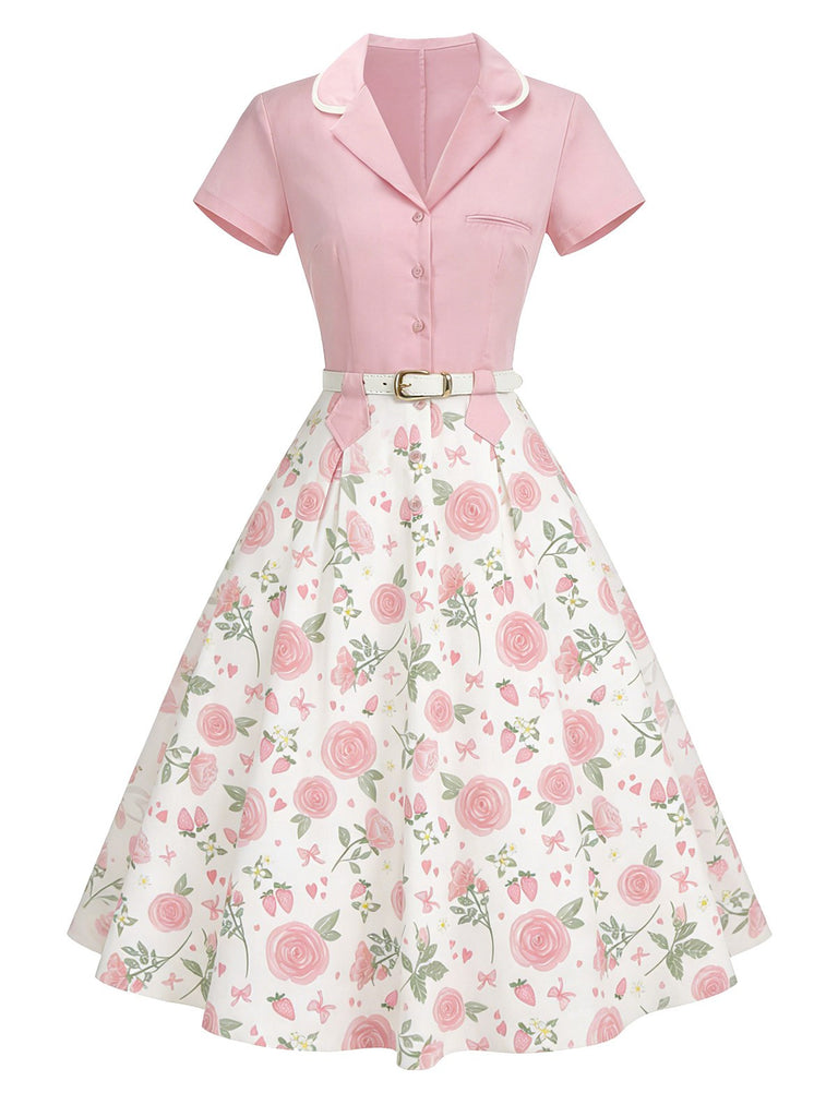 Pink blouse with a floral skirt on a white background