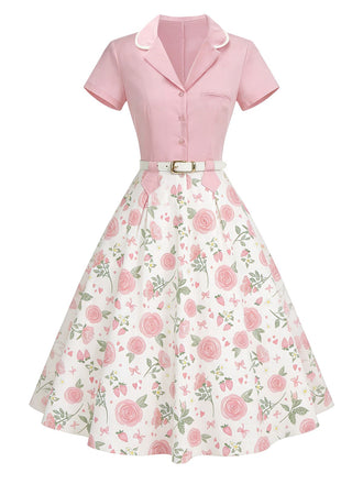 Pink blouse with a floral skirt on a white background