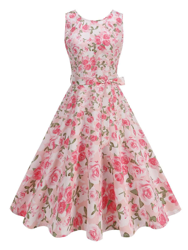 Pink 1950s Round Neck Roses Belted Dress