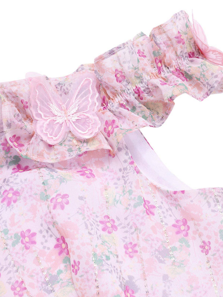 Pink 1950s Ruffled Off-Shoulder Floral Dress - vintage dress, retro fashion, rockabilly