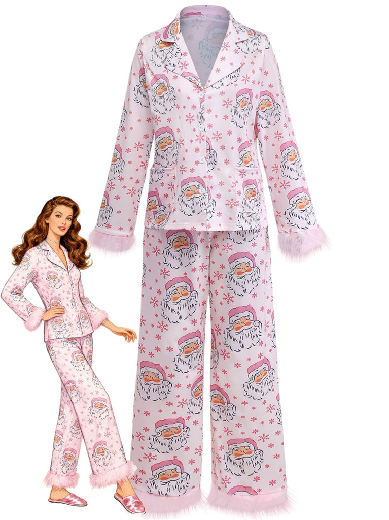 Pink 1950s Santa Print Fur Trim Pajama Set - vintage fashion, retro style