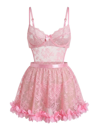 Pink-1950s-Sheer-Floral-Lace-3D-Petal-Babydoll-Lingerie, vintage, retro, floral print