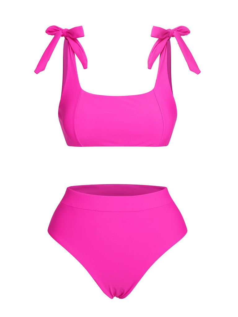 Pink 1950s Solid Shoulder Tie BIkini Set, vintage swimsuit, pin-up swimwear - perfect for women who love vintage and retro fashion