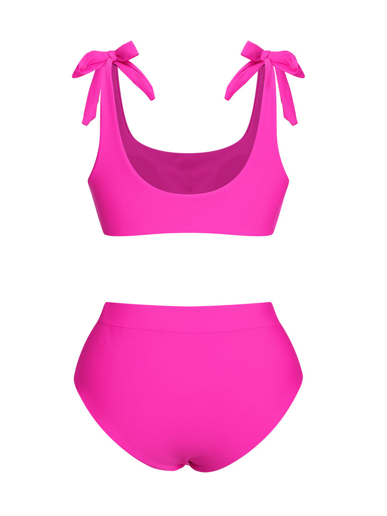 Pink 1950s Solid Shoulder Tie BIkini Set, vintage swimsuit, pin-up swimwear - perfect for women who love vintage and retro fashion