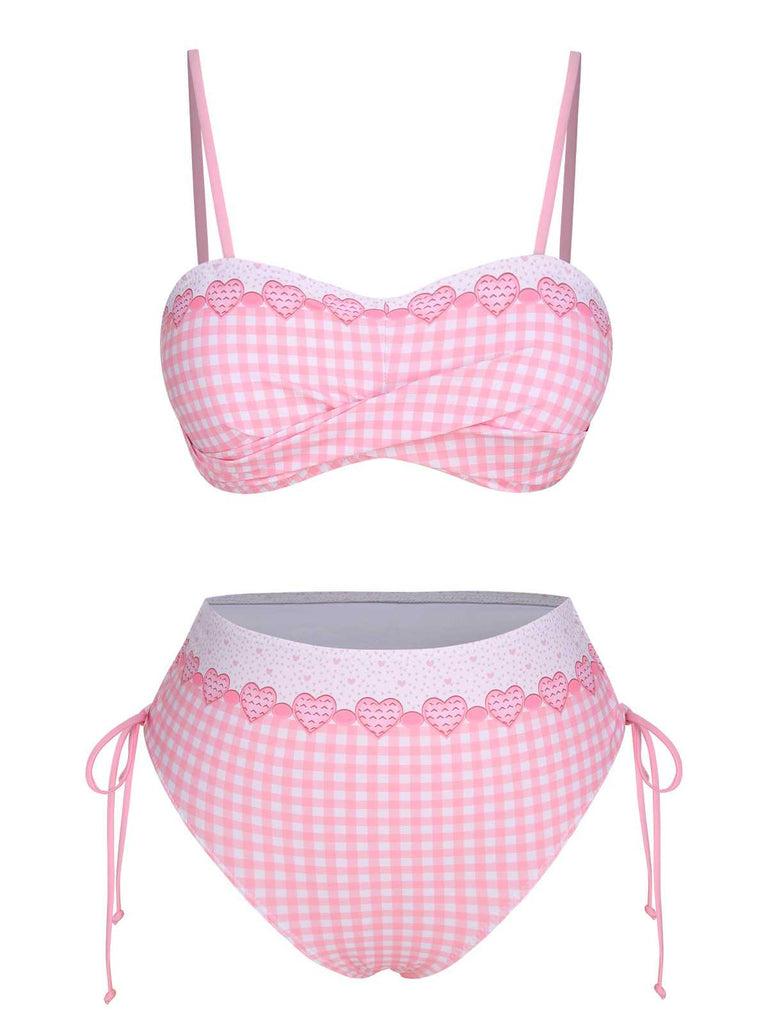 Pink 1950s Spaghetti Strap Heart Plaids Swimsuit: 1950s Riviera elegance, reimagined for her
