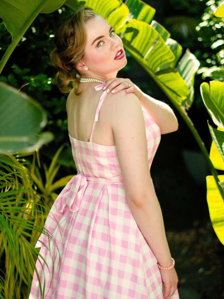 Pink 1950s Spaghetti Strap Plaid Swing Dress: where 1950s romance meets her modern spirit