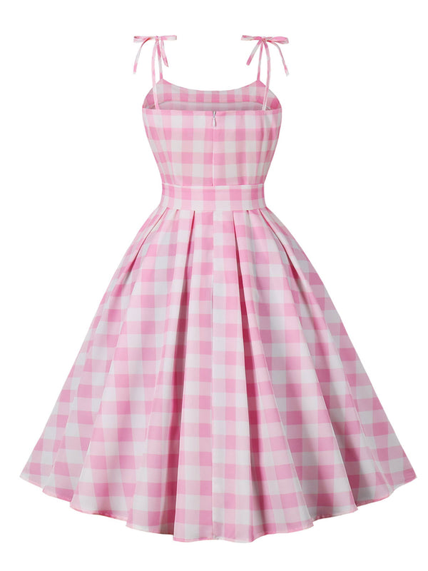 Vintage 1950s Pink Gingham Checkered Swing Dress