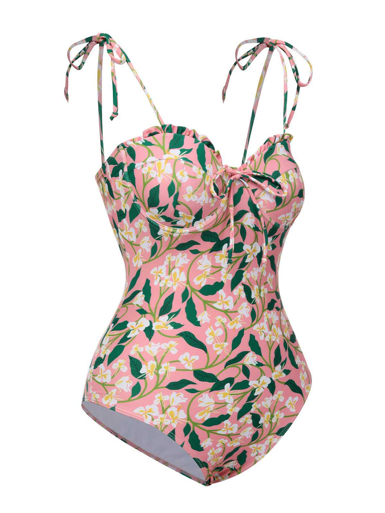 Pink 1950s Spaghetti Strap Plants Print Swimsuit: 1950s Riviera elegance, reimagined for her