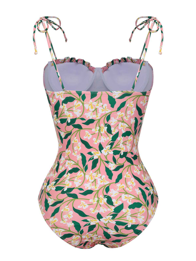 This Pink 1950s Spaghetti Strap Plants Print Swimsuit carries 1950s vacation dreams in every stitch