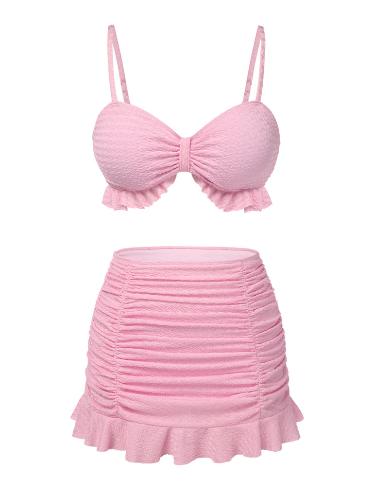 Pink 1950s Spaghetti Strap Ruffle Solid Swimsuit: 1950s Riviera elegance, reimagined for her