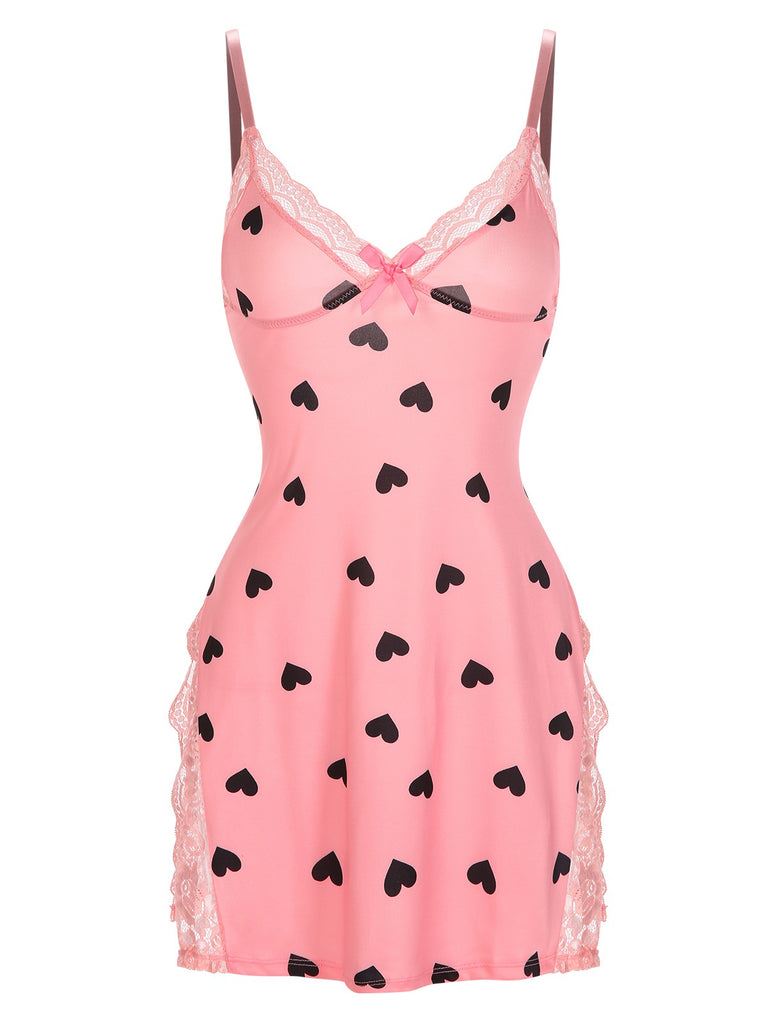 pink dress with hearts Pink Spaghetti Straps Lace Hearts Nightgown