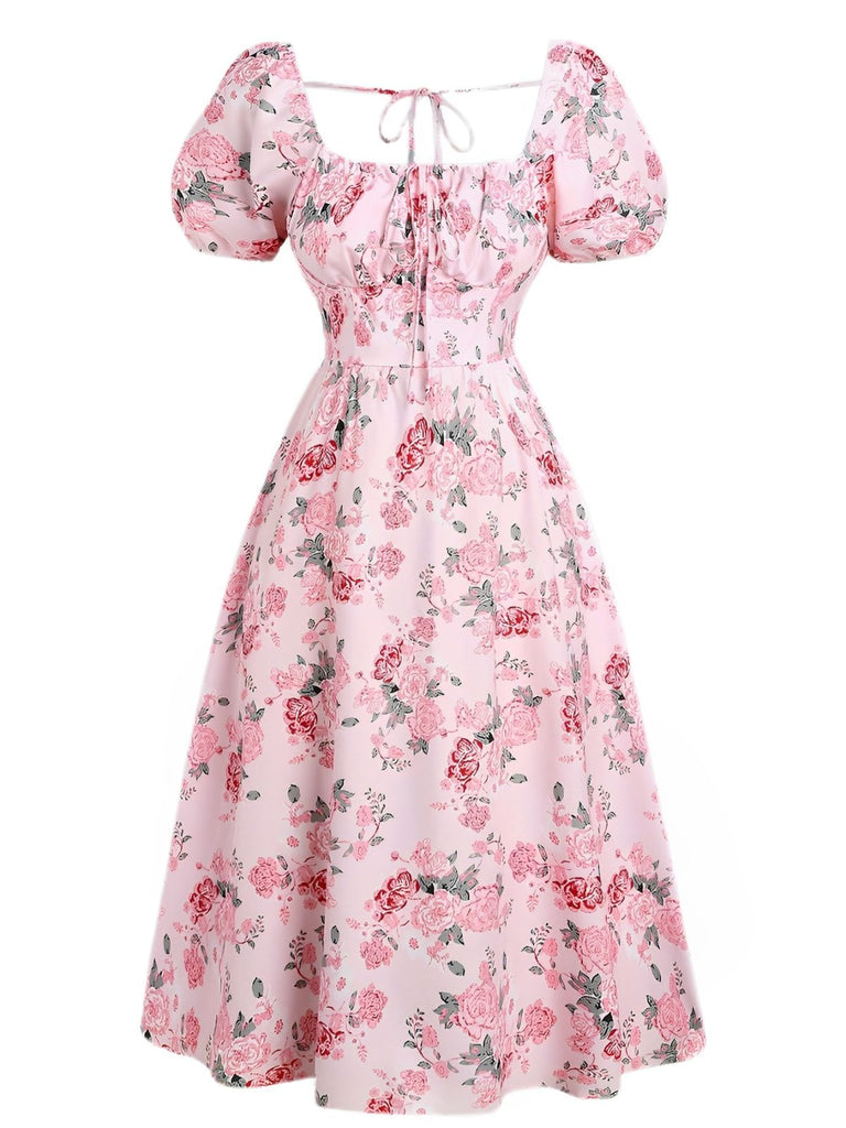 Pink 1950s Square Neck Floral Dress - vintage dress, retro fashion, rockabilly