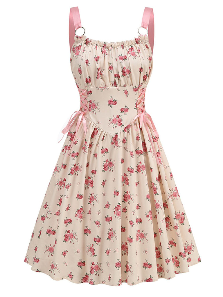 Vintage Retro Style Strap Ditsy Floral Lace-Up Corset A-Line Dress Milkmaid Sundress Pink Vintage Retro Style Strap Ditsy Floral Lace-Up Corset A-Line Dress Milkmaid Sundress Pink