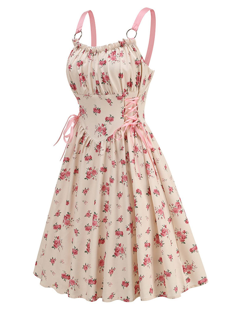 Vintage Retro Style Strap Ditsy Floral Lace-Up Corset A-Line Dress Milkmaid Sundress Pink