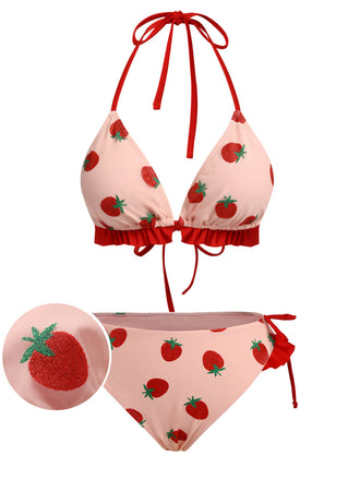 Pink 1950s Strawberry Lace-Up Halter Swimsuit, vintage swimsuit, pin-up swimwear - perfect for women who love vintage and retro fashion