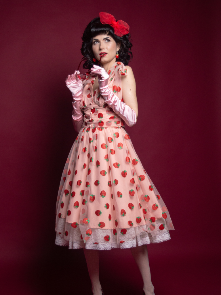 Pink 1950s Strawberry Mesh Swing Dress - vintage dress, retro fashion, rockabilly