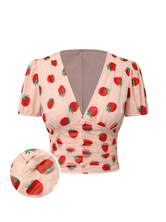 Pink 1950s Strawberry Mesh V-Neck Top, vintage top, retro blouse - perfect for women who love vintage and retro fashion