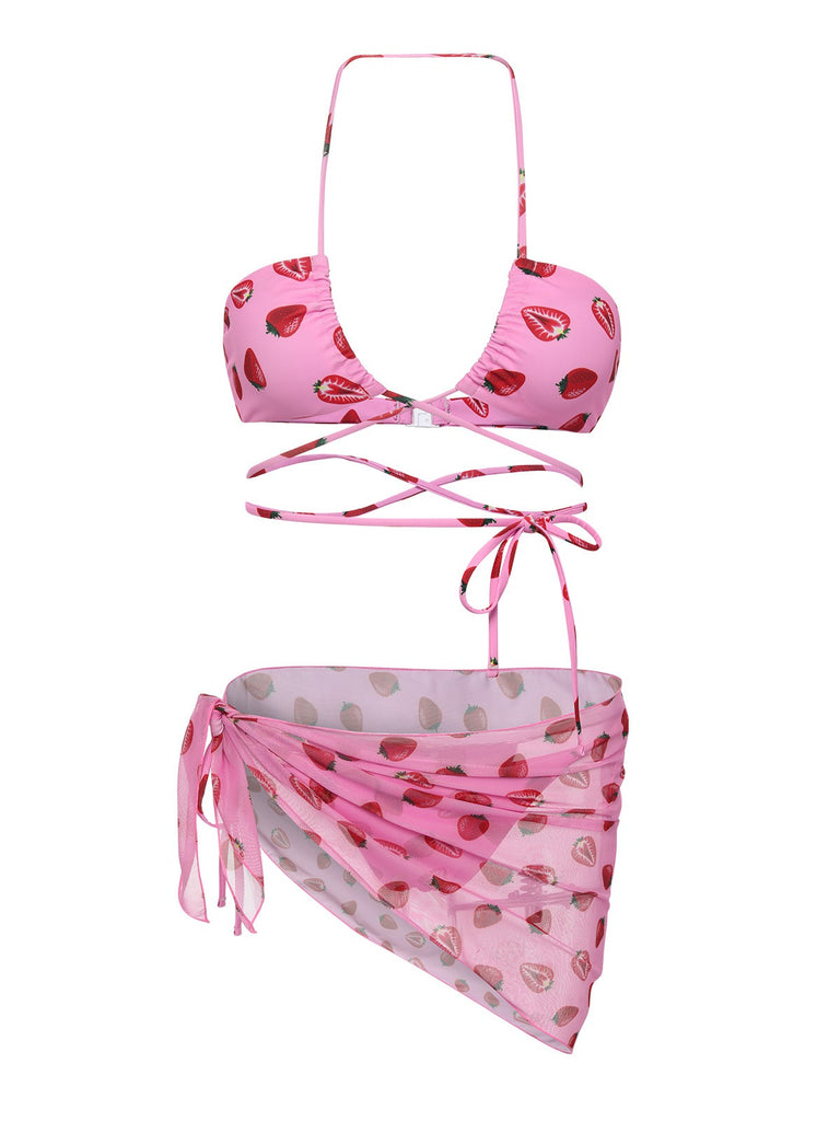 Pink 1950s Strawberry Waist Tie Halter Bikini Set, vintage swimsuit, pin-up swimwear - perfect for women who love vintage and retro fashion