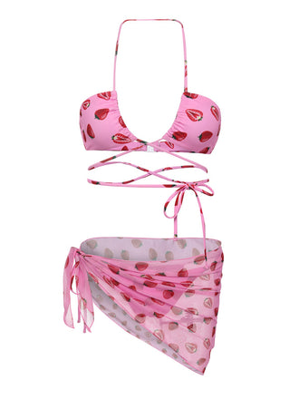 Pink 1950s Strawberry Waist Tie Halter Bikini Set, vintage swimsuit, pin-up swimwear - perfect for women who love vintage and retro fashion