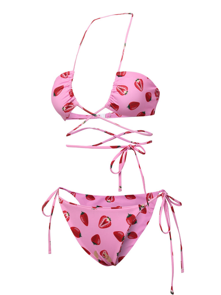 Pink 1950s Strawberry Waist Tie Halter Bikini Set, vintage swimsuit, pin-up swimwear - perfect for women who love vintage and retro fashion