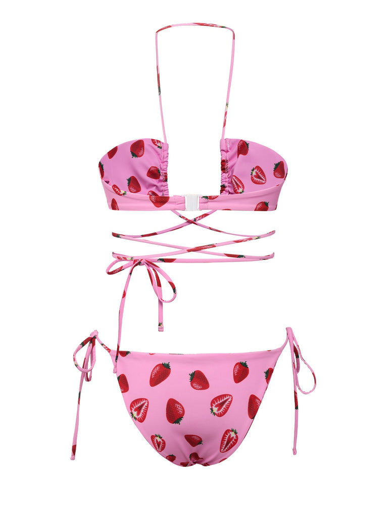 Pink 1950s Strawberry Waist Tie Halter Bikini Set, vintage swimsuit, pin-up swimwear - perfect for women who love vintage and retro fashion