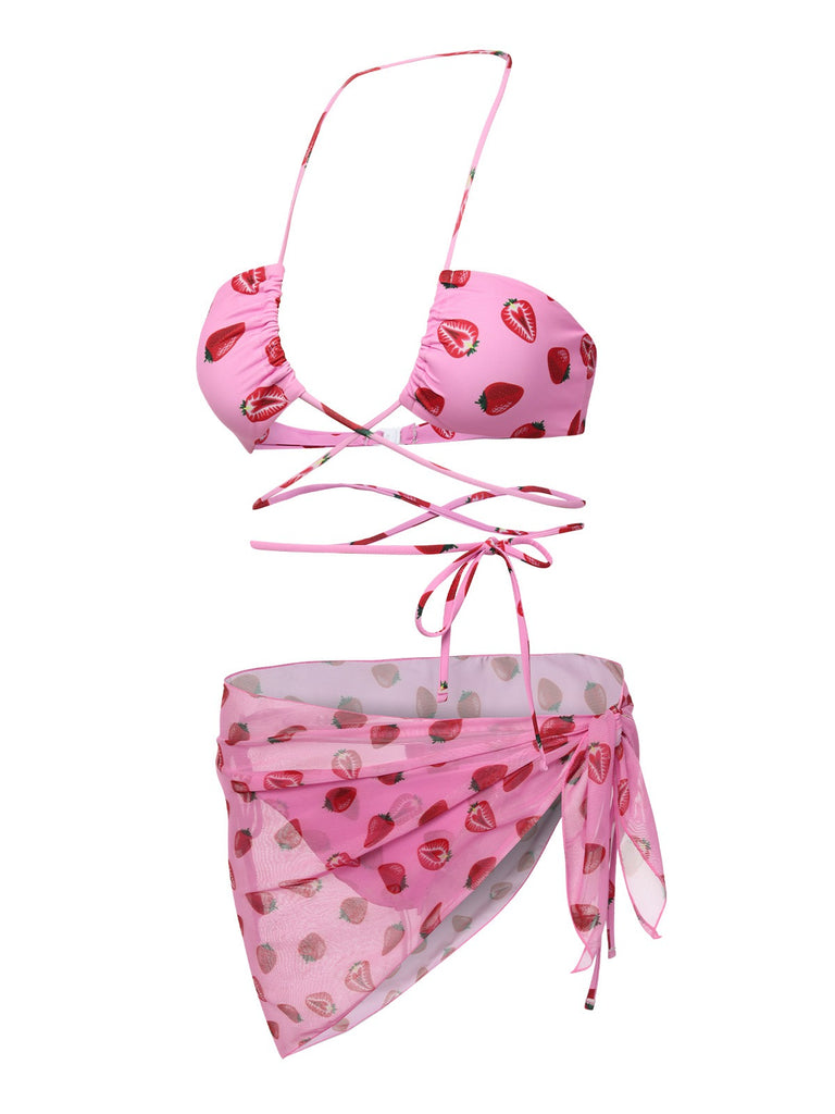 Pink 1950s Strawberry Waist Tie Halter Bikini Set, vintage swimsuit, pin-up swimwear - perfect for women who love vintage and retro fashion