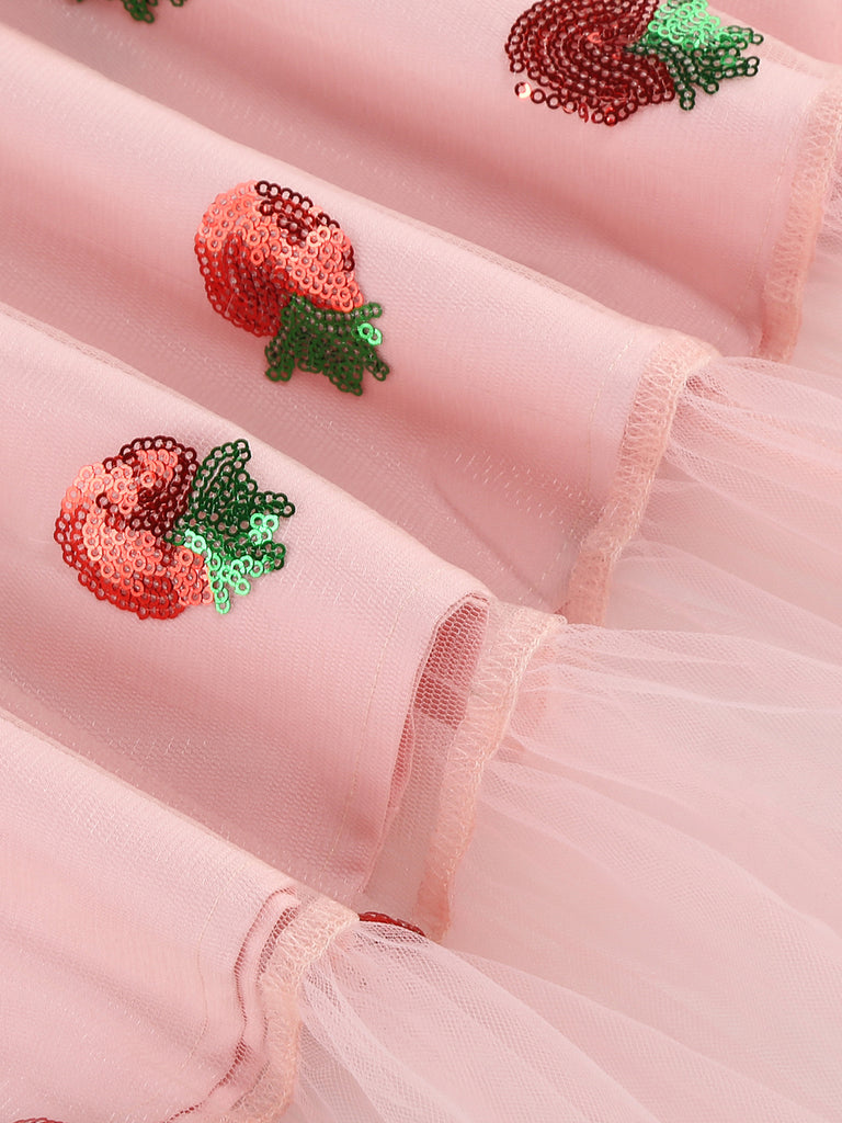 strawberry mesh dress Women Girl Ruffle Lolita Mesh Midi Dress Sequin Strawberry Embroidery Cute Fairy