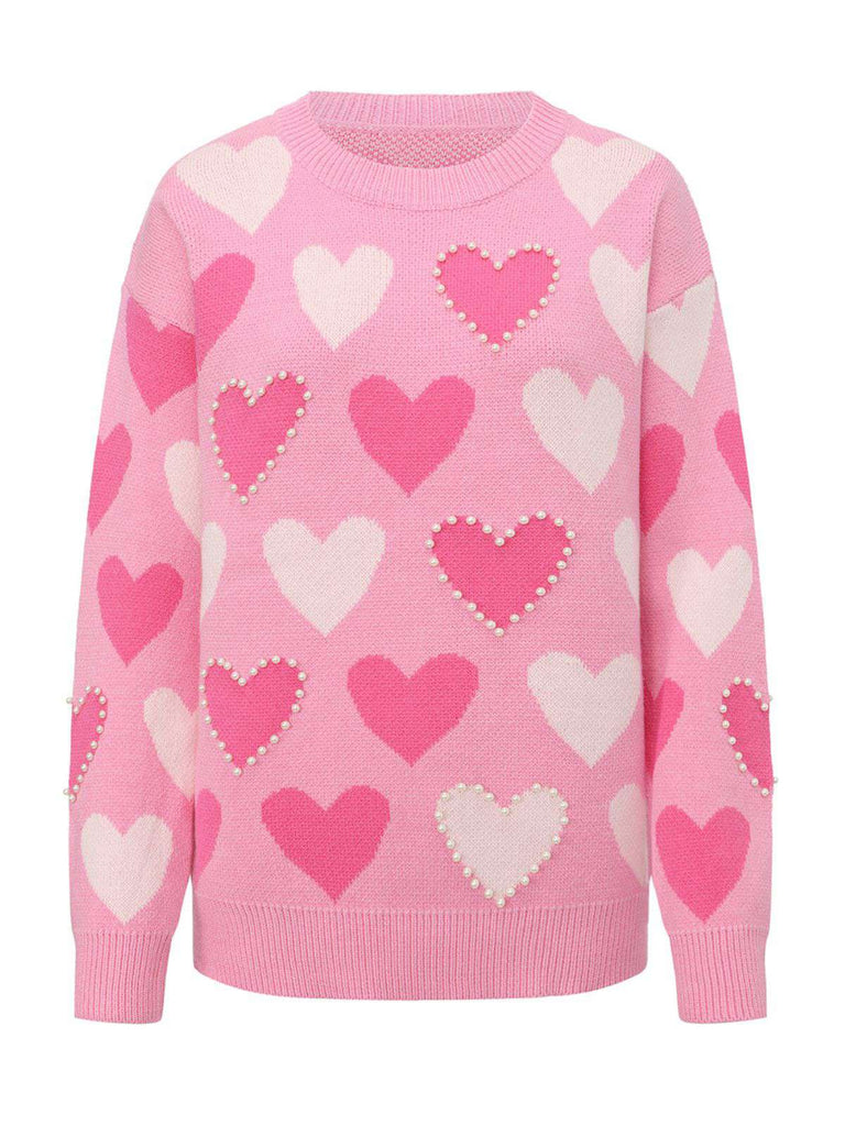 Pink 1950s Valentine's Day Heart Pearl Sweater - vintage fashion, retro style
