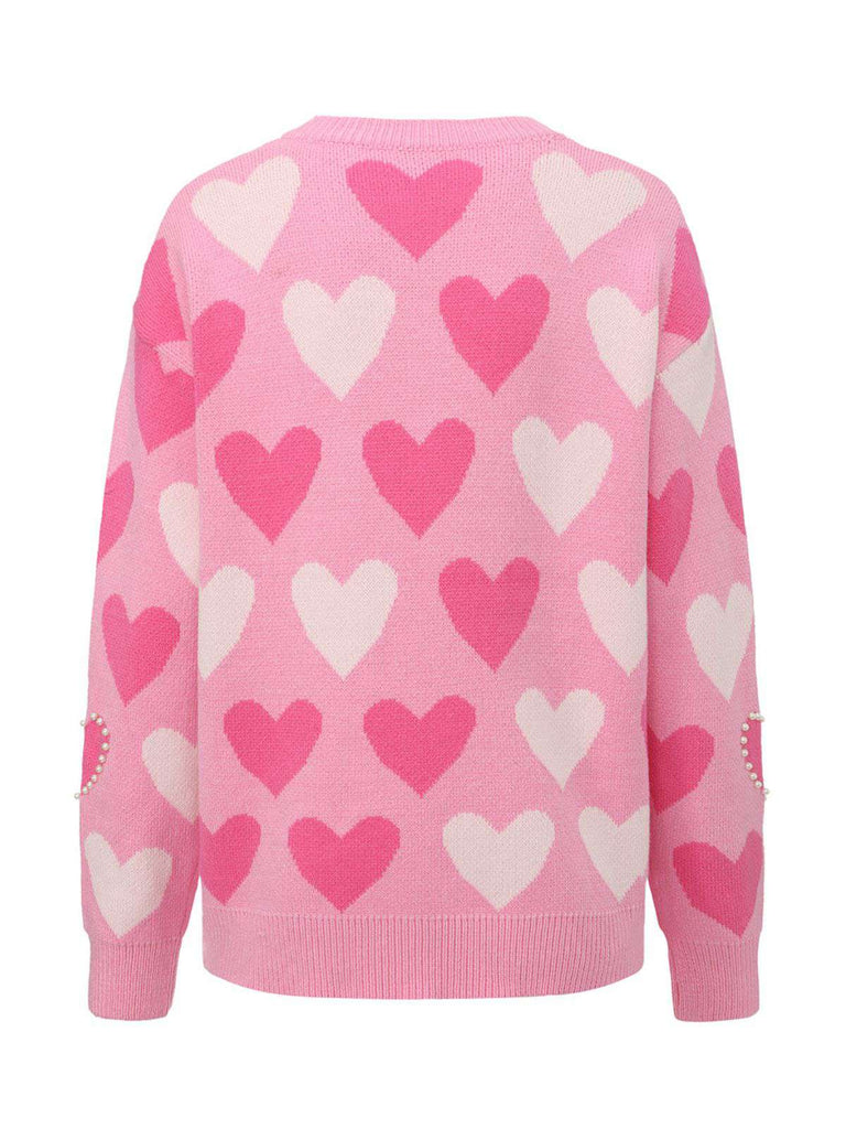 Pink 1950s Valentine's Day Heart Pearl Sweater - vintage fashion, retro style