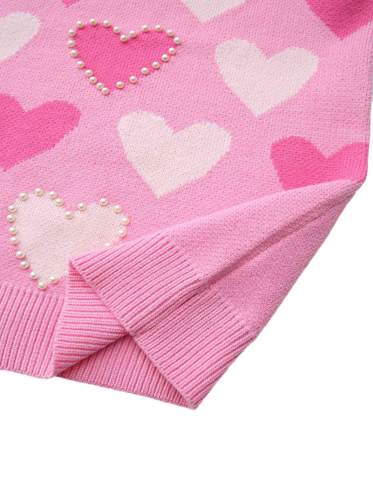 Pink 1950s Valentine's Day Heart Pearl Sweater - vintage fashion, retro style