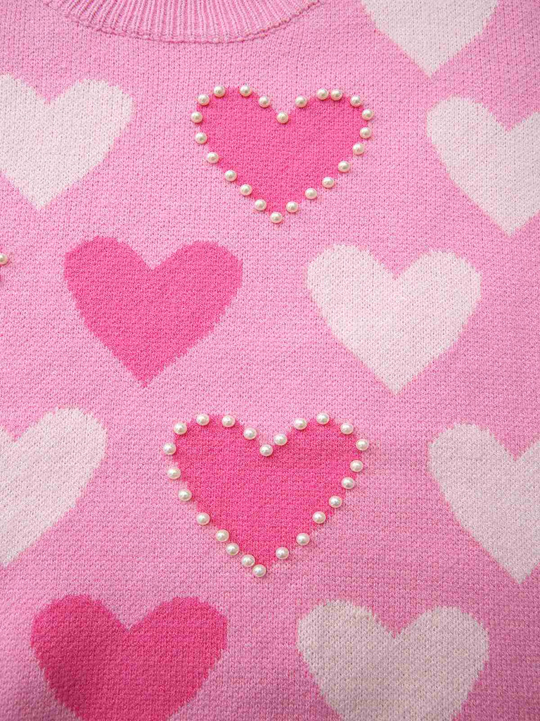 Pink 1950s Valentine's Day Heart Pearl Sweater - vintage fashion, retro style