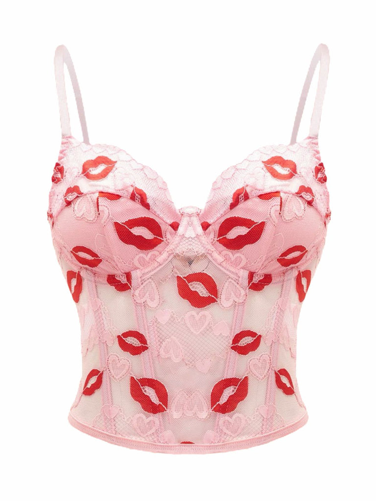 Pink 1950s Valentine's Day Kiss Print Lace Corset - vintage fashion, retro style