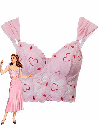 Pink 1950s Valentine's Day Lace Heart Boned Corset - vintage fashion, retro style