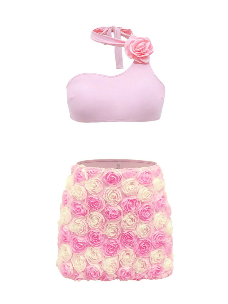 She's wearing Pink 1960s 3D Roses Halter Bikini Set & Cover-Up and the whole beach remembers the 1960s
