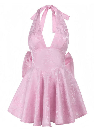 She slips into this Pink 1960s Back Bow Jacquard Floral Dress and suddenly it's a 1960s daydream