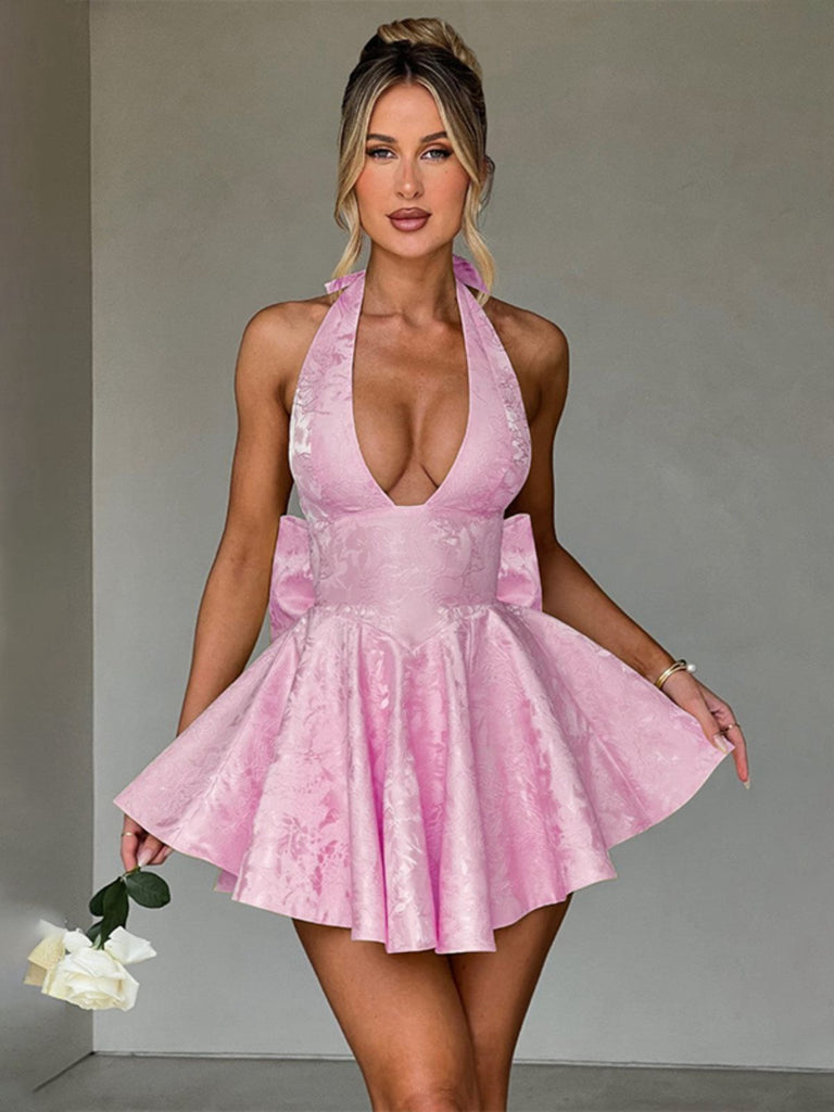 Pink 1960s Back Bow Jacquard Floral Dress: where 1960s romance meets her modern spirit