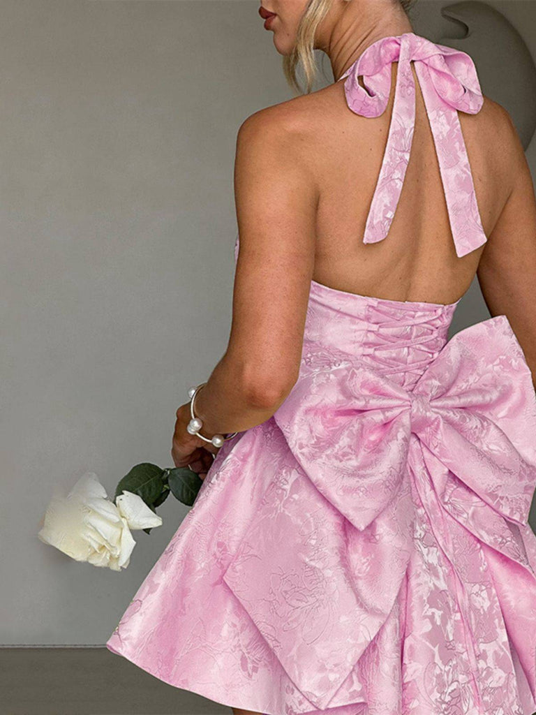 Pink 1960s Back Bow Jacquard Floral Dress Pink 1960s Back Bow Jacquard Floral Dress