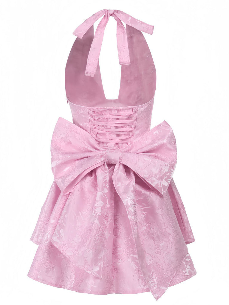 Pink 1960s Back Bow Jacquard Floral Dress — a 1960s silhouette that turns sidewalks into runways