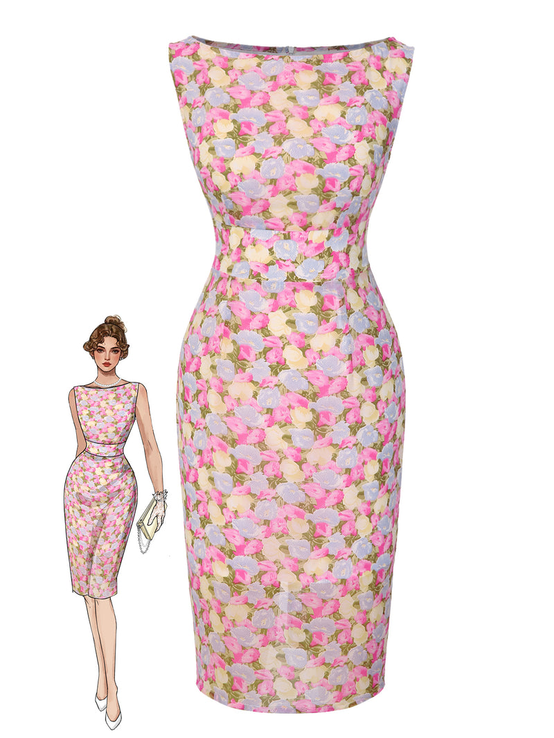 Retro Vintage Floral Boat Neck Sleeveless Pencil Dress Derby Dress Pink